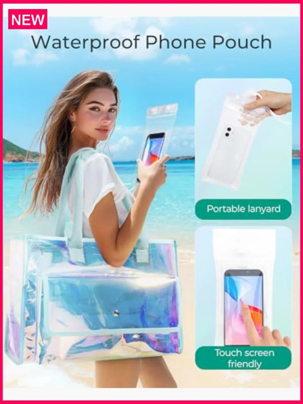 Waterproof Beach Tote with Phone Pouch Large Travel Bag